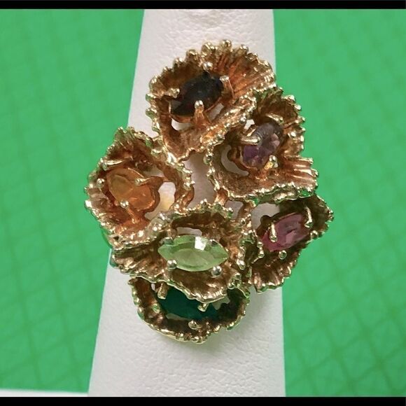 Vintage Espo Signed 18kt HGE Green, Pink, Purple, Red & Yellow Stone Ring - Picture 1 of 3
